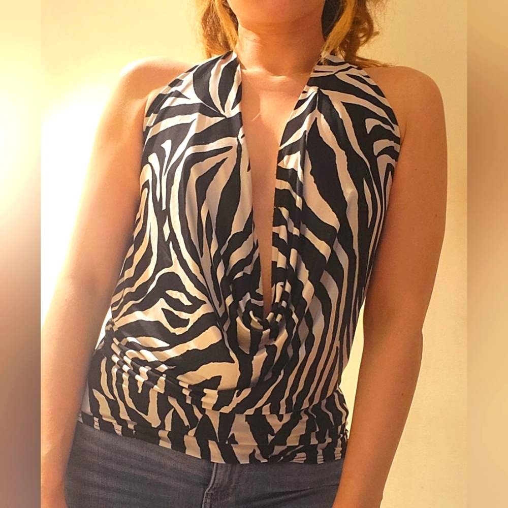 Women's Zebra Print Halter Low cut Blouse